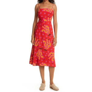Farm Rio Tiki Bananas Slim Fit Tie Back A-Line Midi Dress Red/Yellow Women's L